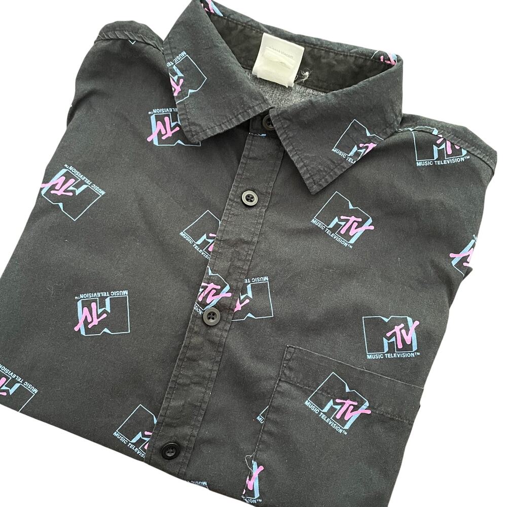 MTV Mens Shirt Button Up Black Short Sleeved Retro